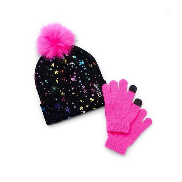 Justice Girl’s Foil Print Hat and Gloves Set Punk Pom Pom Black Pink OS NWT - Picture 1 of 1